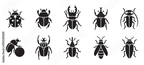 Insects and Beetles Species Black Silhouette Vector Icons Set. Vector Illustration.
