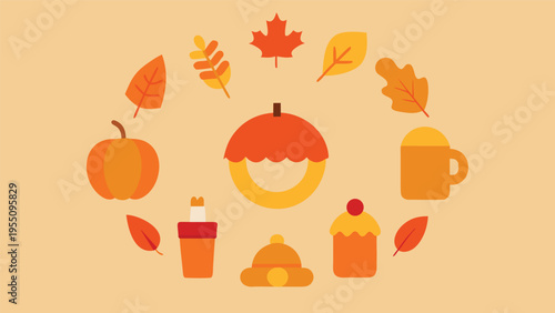 Vector art of autumnal bliss a charming vector illustration featuring pumpkins, leaves, and cozy treats arranged in a delightful circle
