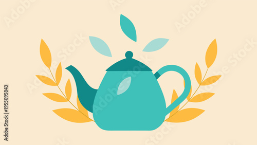 Vector art of a serene vector illustration of a teal teapot adorned with golden leaves, evoking a sense of tranquility and warmth
