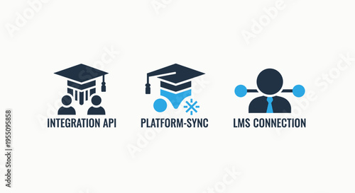 Educational technology vector icon set featuring student graduation caps and learning management system integration with platform sync and lms connection symbols on a clean white background