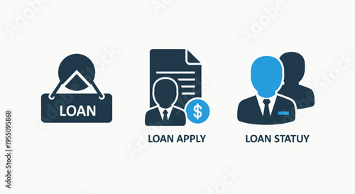 Financial loan application icon set with banking symbols for personal credit status and loan apply documents including dollar currency and professional avatar figures for fintech applications