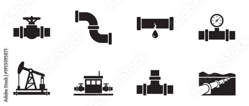 Oil Industry and Pipeline Systems Industrial Vector Icons Set. Vector Illustration.