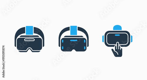 Virtual reality headset vector icon set depicting modern vr goggles and augmented reality interaction symbols with hand touch gesture for gaming and futuristic simulation technology devices