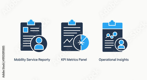 Business data analytics icon set featuring clipboard reports with kpi metrics panel and operations insights charts for performance tracking and mobility service security management strategy