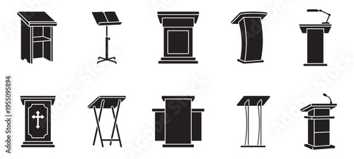 Presentation podium and lectern silhouette icon set, speech and tribune symbols isolated on white. Vector Illustration.