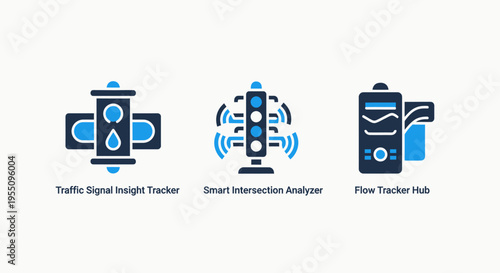 Traffic signal insight tracker, beam transaction analyzer, and flow tracker icon set for urban logistics, smart city infrastructure, and data transmission visualization on white background