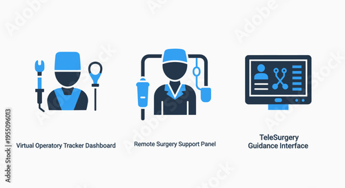 Virtual sanctuary theater dashboard, medical surgery equipment, and telesurgery guidance interface icons for advanced healthcare technology, remote medicine, and surgical procedure assistance