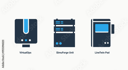 Virtualizer, smart vault, and live host pad icons for server management, data storage security, cloud computing infrastructure, and database protection visualization in blue and black colors