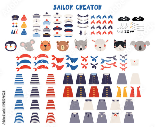 Cute sailor character creator, isolated illustration set. Penguin, mouse, beaver, bear, wolf, sheep, cat, koala animals. Nautical clothes. Kid design element, clip art collection Hand drawn vector