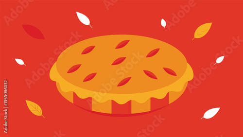 Vector art of a delicious pie with autumn leaves falling around it, perfect for a thanksgiving or fallthemed design, on red background