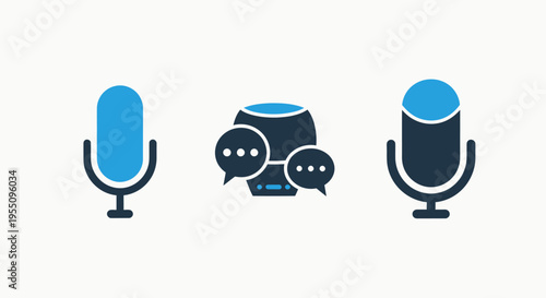 Microphone icons for podcasting, voice recording, and smart speaker interaction representing audio communication, digital assistant technology, and vocal sound input for media production