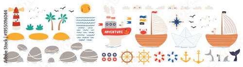 Nautical design elements isolated big set. Ship, boat, lighthouse, island, seagull, palm tree, crab, whale, shark tail, fin, sun, cloud, wave illustration Clip art collection Hand drawn flat vector