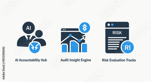 Set of artificial intelligence compliance and governance icons including AI accountability hub, audit insight engine, and risk evaluation tracks for corporate data security and ethical standards