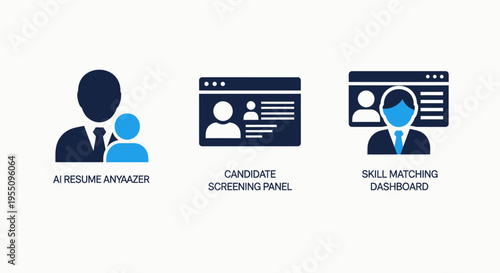 Human resources recruitment and candidate screening icons for background checks, confidential applicant privacy, and automated skill matching systems in corporate talent acquisition workflows
