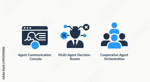 Artificial intelligence system agent management icons featuring communication console, multi-agent decision router, and cooperative agent orchestration for software interface design and logic