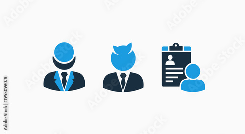 Professional identity and user profile management icons for security access control, employee identification, and digital account verification in secure corporate office environments