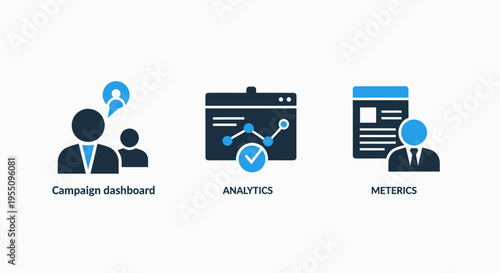 Digital marketing campaign management and analytics icons featuring performance dashboard, data metrics, and real-time tracking for advertising optimization and corporate business growth