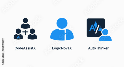 Artificial intelligence software development concepts illustrating code assistance logic processing and automated thinking icons for programming and engineering interface design solutions
