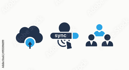 Modern business networking and data synchronization icon collection with cloud upload progress bar sync status and collaborative team member symbols in a professional flat design style