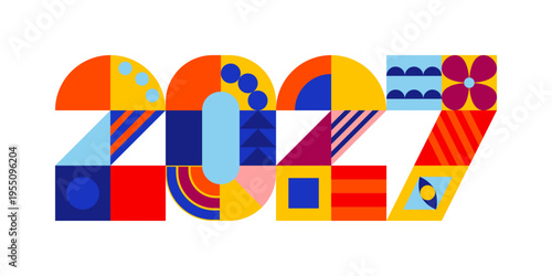 2027 New Year design with abstract geometric pattern isolated. Vintage, retro decorative shapes, tiles on grid. Holiday typography. Vector illustration, clip art element on transparent background