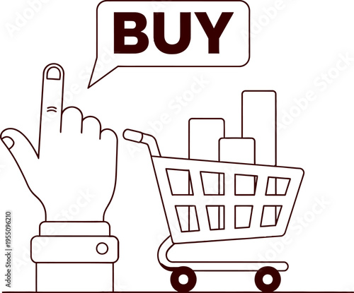 Rude gesture with shopping cart and 'buy' speech bubble silhouette