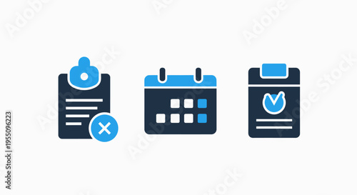 Business planning and project management icons including rejected task clipboard calendar and data analysis report symbols for office productivity and organizational workflow strategy layouts