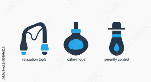 Relaxation and wellness therapy icon set with calm mode and serenity control symbols for spa health and essential oil aromatherapy applications for personal care and mental wellbeing services