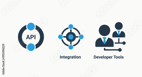 Software development and system integration icons set for api programming and developer tools with technical network and user connectivity symbols for coding and architecture documentation