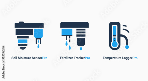 Smart agriculture sensor icons for soil moisture monitoring fertilizer tracking and temperature logging in precision farming technology applications for modern sustainable crop management systems