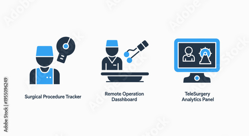Healthcare technology icons representing surgical procedure tracking remote robotic operations and medical analytics on a digital interface for hospital management systems and clinics