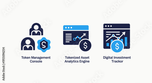 Financial analytics and investment tracking icons for digital asset management token consoles and data-driven market engine reporting for modern fintech and stock trading applications