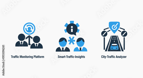 Smart city infrastructure and traffic management icons featuring monitoring platforms traffic insights and automated vehicle road analysis systems for urban planning and transportation