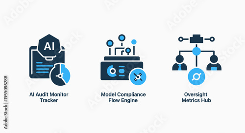 Ai audit and compliance icons for artificial intelligence monitoring and engine oversight featuring data analysis flowcharts and regulatory tracking symbols for enterprise technology