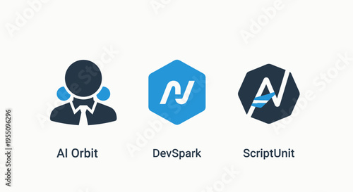 Software development and AI identity icons featuring user profiles script coding units and hex logo symbols for tech platforms and application programming interface design