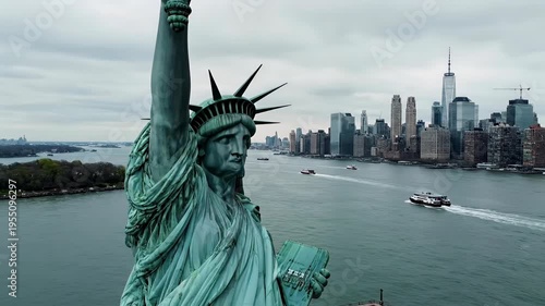 Iconic Statue of Liberty with New York City Skyline and Harbor Boats on a Cloudy Day