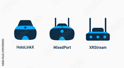 Mixed reality and xr headset icons including wireless receiver antennas and streaming hardware devices for high speed data transmission in professional immersive technology applications
