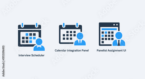 Human resources recruitment and interview scheduling icons showing a calendar with user profiles for panelist assignment and professional appointment management in a business platform
