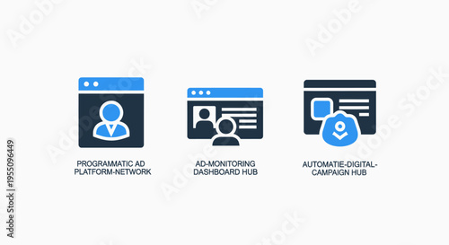 Digital platform management and user dashboard interface icons representing automated data management and secure profile settings, flat vector business graphic