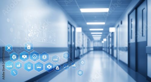 Modern hospital corridor with digital medical technology icons, symbolizing advancements in healthcare, data integration, and smart hospital management systems