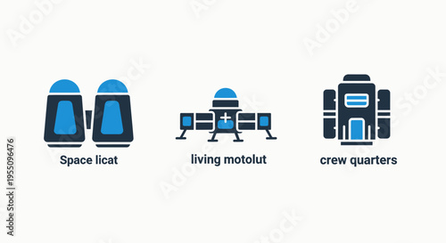 Space exploration habitat icon set with astronaut suit equipment living module design and crew quarters architecture for futuristic science fiction research and lunar colonization