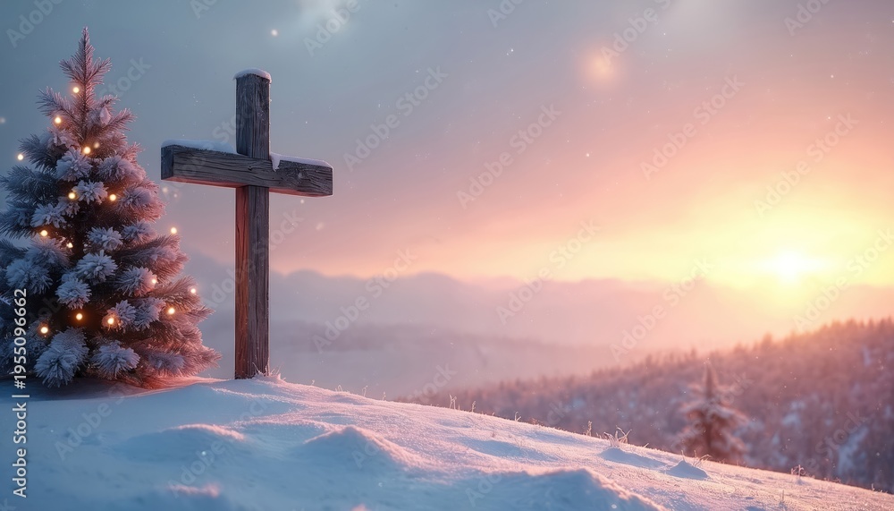 Naklejka premium Wooden cross and decorated evergreen tree stand in snow. Soft sunlight illuminates winter landscape. Serene holiday atmosphere with copy space.