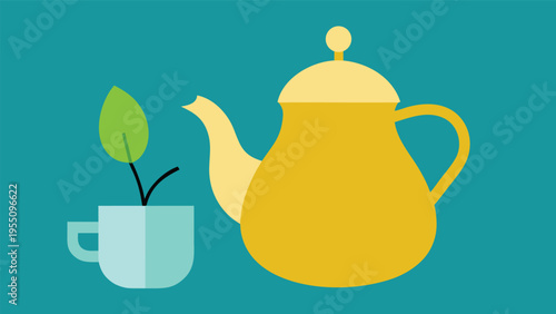 Vector art of teapot and cup with green leaf in a flat design style on a blue background for tea time concept and relaxation