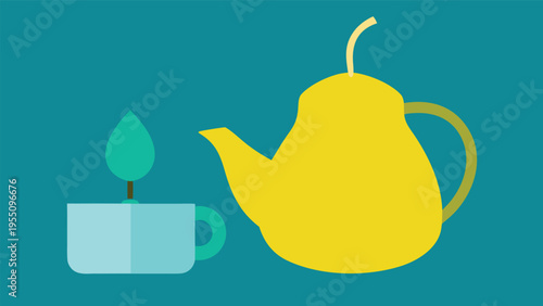 Vector art of a cup of tea with a leaf and a yellow teapot with a handle on a blue background, simple and minimalist