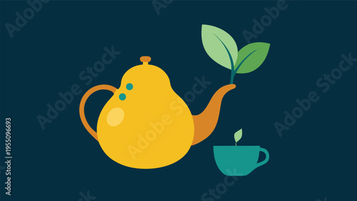 Vector art of a cup of tea with a leaf and a yellow teapot with a handle on a dark blue background, simple and minimalist