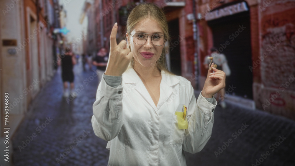 Obraz premium Young woman doctor in white coat, blonde with glasses, holding a hearing aid and hand on chest while smiling, on a cobbled street; joy empowerment.
