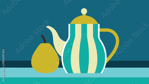Vector art of still life illustration of a teapot with vertical stripes and a pear on a table against a dark teal background design