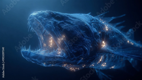 Scary bioluminescent deep sea fish with sharp teeth and glowing lights swimming in dark blue ocean water representing a monstrous prehistoric marine predator or a terrifying alien creature underwater.