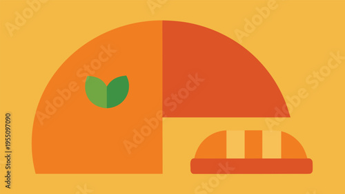 Vector art of a flat vector illustration of an orange fruit with a slice cut out and a loaf of bread on a yellow background