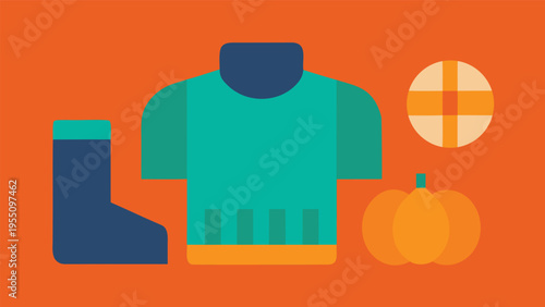 Vector art of a cozy autumn scene featuring a sweater, boot, pumpkin, and a pie, all set against a vibrant orange background, creating a warm and inviting atmosphere