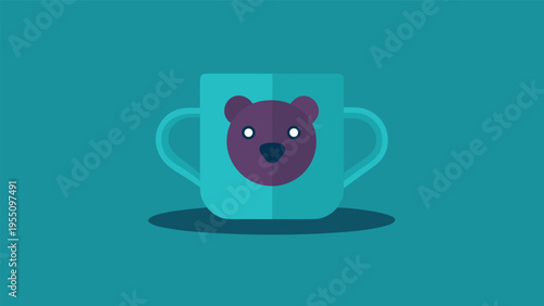 Vector art of a charming blue baby mug adorned with a cute bear face, perfect for a childs drink, isolated on a teal background, creating a delightful and playful image